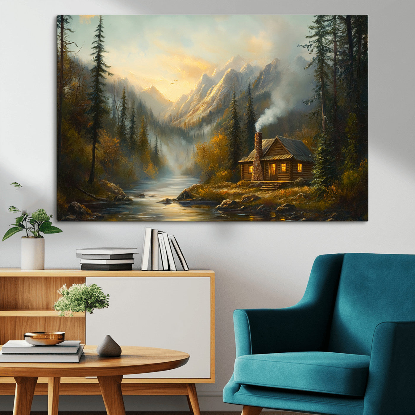 MGV-CV-36X24 - Wood Cabin Retreat Mountain at Sunset Wall Art Print - Serene Forest and River Landscape Wall Art