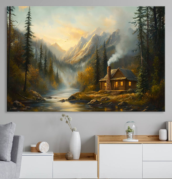 Wood Cabin Retreat Mountain at Sunset Wall Art Print - Serene Forest and River Landscape Wall Art Canvas Print