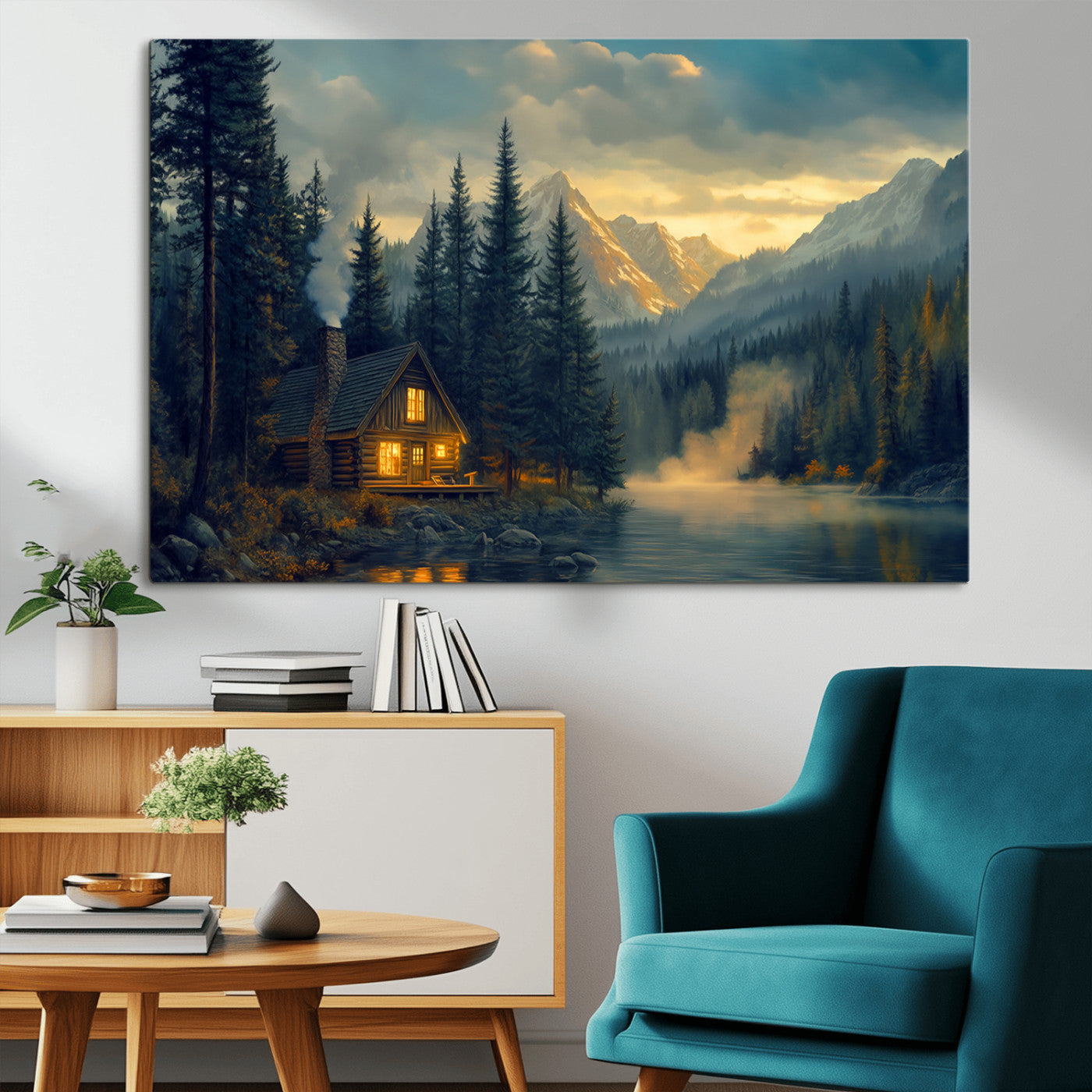 MGV-CV-36X24 - Mountain Cabin by the Lake at Sunset Wall Art - Serene Nature Canvas Print for Living Room Decor,
