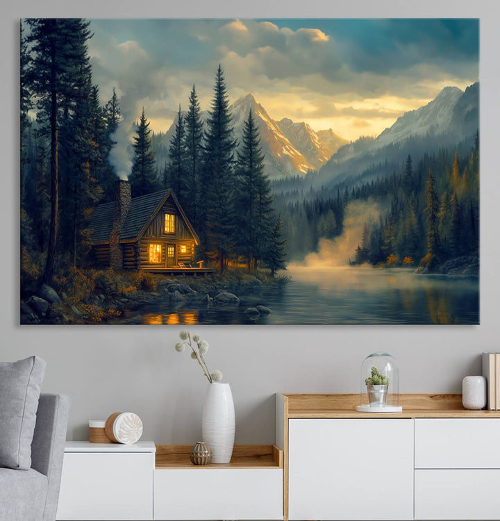 Mountain Cabin by the Lake at Sunset Wall Art - Serene Nature Canvas Print for Living Room Decor, Rustic Lodge Ambiance, 3-Panel Large Wall Art