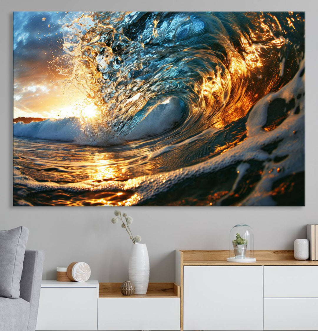 Ocean Wave at Sunset Wall Art | Ready to Hang Triptych Canvas Print | Coastal Wall Art for Living Room | Nautical and Beach House Decor