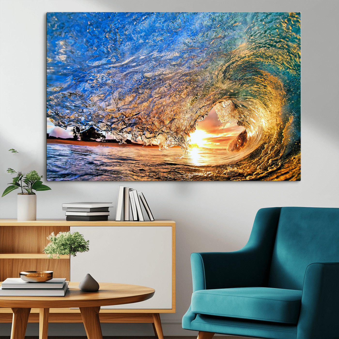 MGV-CV-36X24 - Ocean Wave at Sunset Canvas Wall Art – Vibrant Coastal Beach Waves Print, Large Nautical Decor,