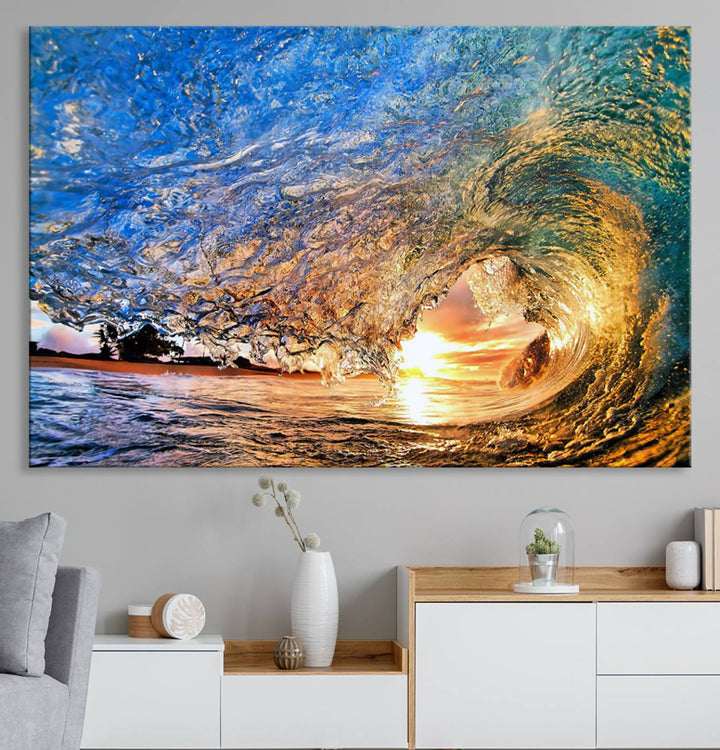 Ocean Wave at Sunset Canvas Print | Large Coastal Ocean Wall Art Print | Vibrant Beach Waves Art Print | Surf Lover Gift | Nautical Decor