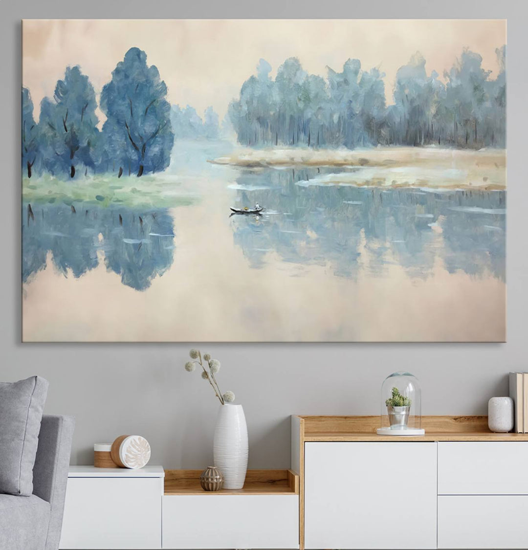 Landscape Printing Lake and Boat Scene | Serene Landscape Wall Art for Nature Lovers | Ready to Hang Triptych Canvas Print | Peaceful Blue Trees and Water Reflection Decor