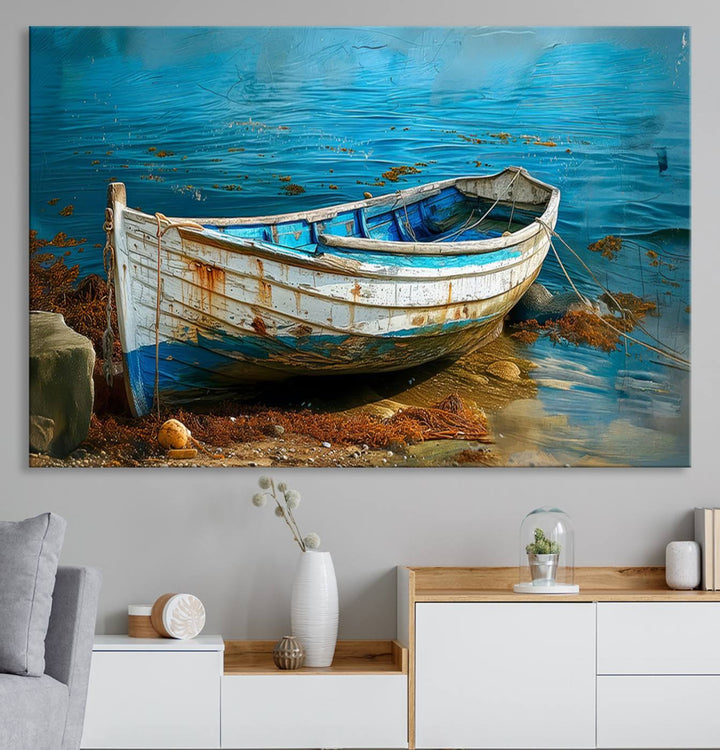 Vintage Boat on Tranquil Waters | Coastal Wall Art for Nautical Decor | Rustic Triptych Canvas Print | Beach House Art for Coastal Home Decor