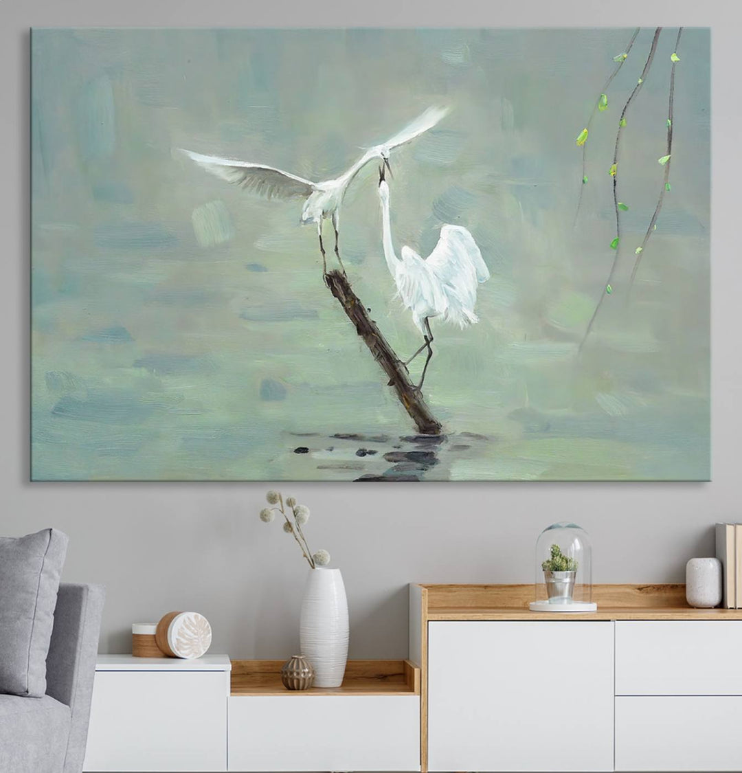 Elegant White Herons on Calm Waters | Coastal Wall Art for Nature-Inspired Decor | Serene Triptych Canvas Print | Ready to Hang Bird-Themed Art for Home Decor