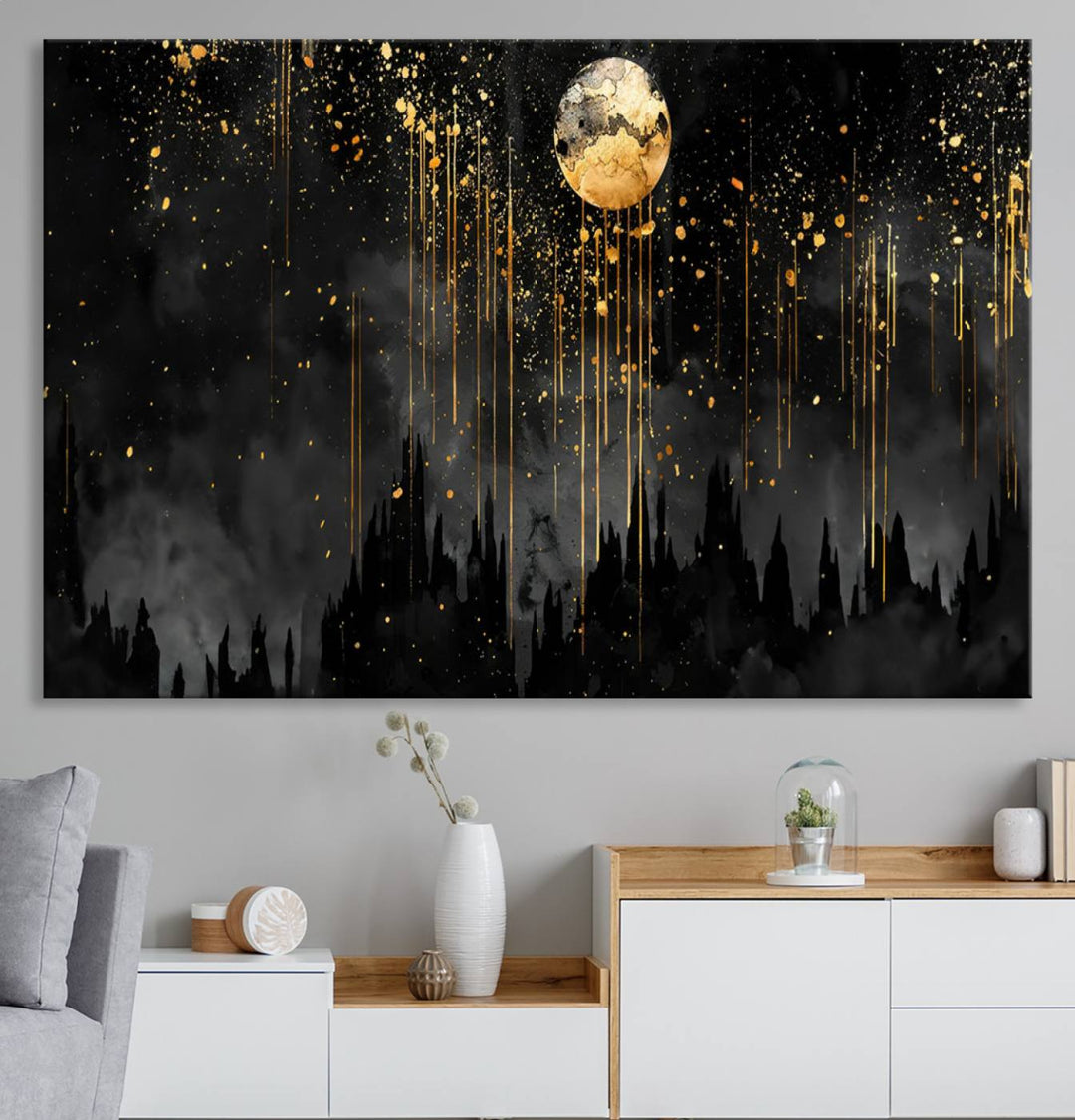 Gold Moon and Black Skyline Abstract Wall Art | Dark Modern Canvas Print with Dripping Gold Accents | Triptych Contemporary Homes