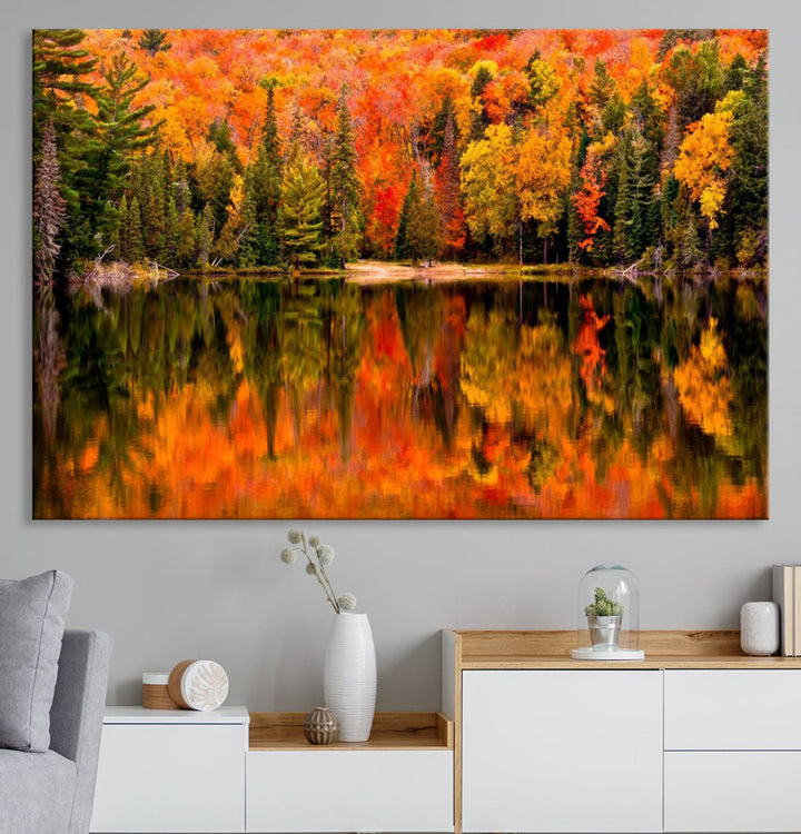 Autumn Forest Reflection Wall Art | Triptych Canvas Print | Vibrant Fall Foliage Wall Decor | Nature-Inspired Cabin Wall Art for Living Room