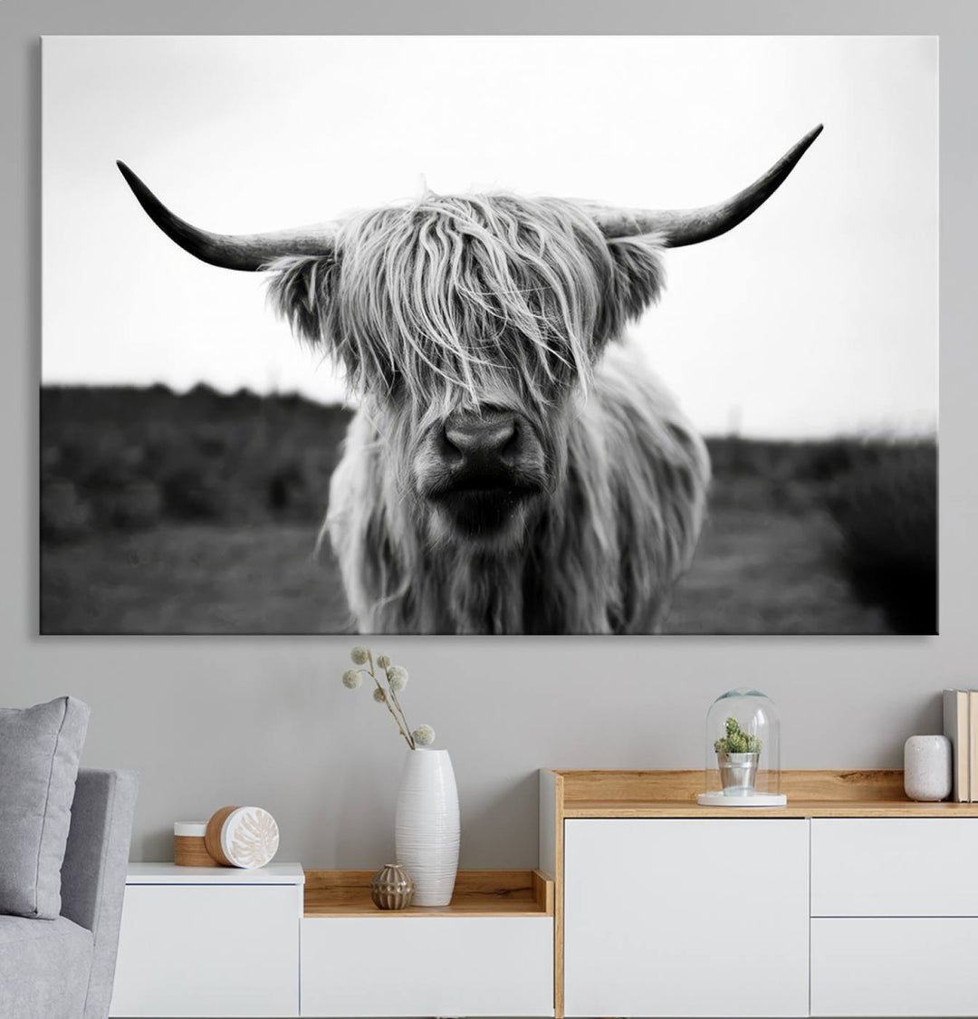 Highland Cow Wall Art | Black and White Farmhouse Decor | Ready to Hang Triptych Canvas Print | Rustic Barn Decor | Scottish Highland Cattle Art Print