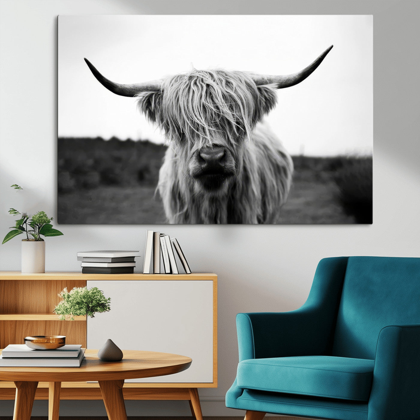 MGV-CV-36X24 - Highland Cow Wall Art | Black and White Farmhouse Decor | Triptych Canvas Print | Rustic Barn Decor