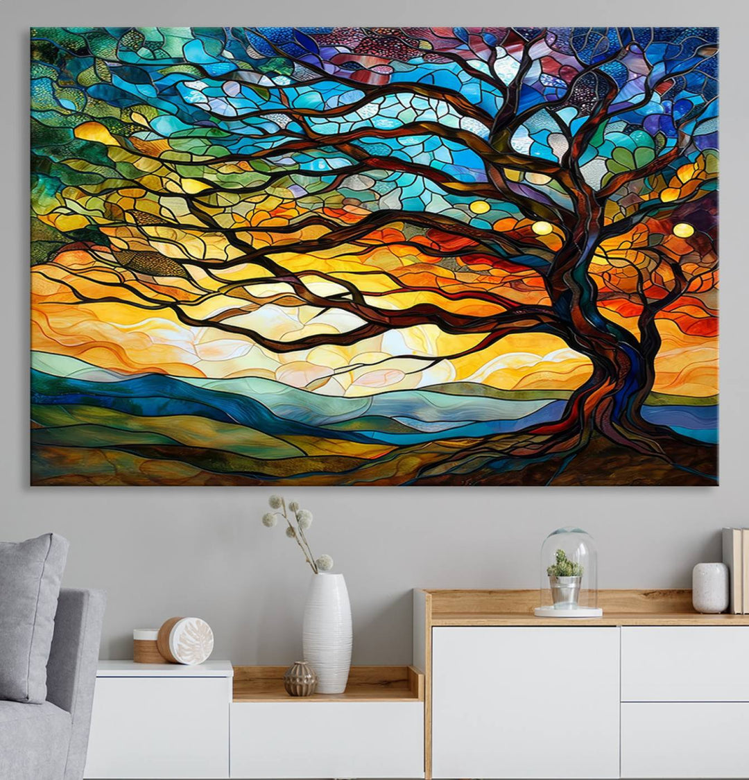 Vibrant Mosaic Tree of Life Wall Art | Stained Glass Style Canvas Print | Ready to Hang Artistic Decor