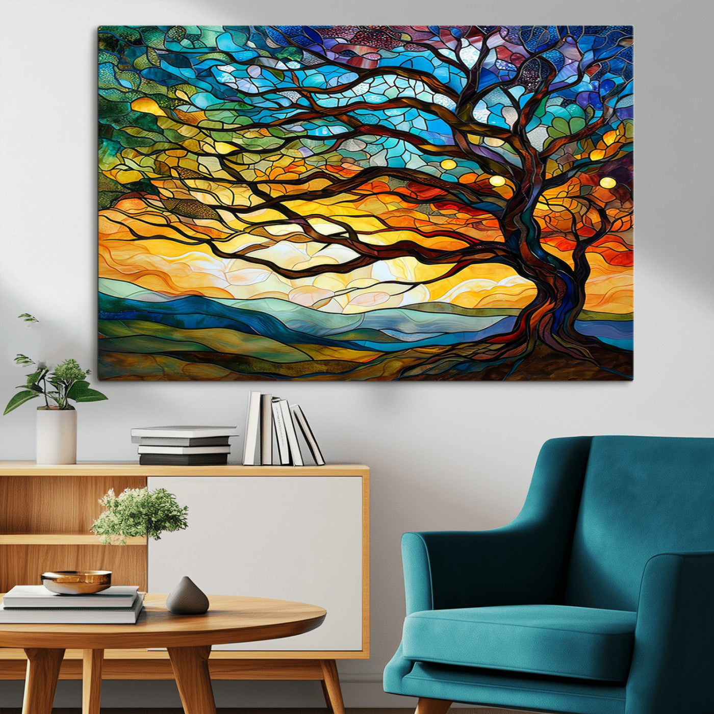 MGV-CV-36X24 - Vibrant Mosaic Tree of Life Wall Art | Stained Glass Style Canvas Print | Ready to Hang Artistic