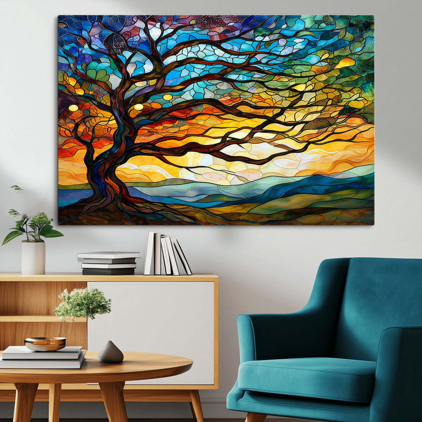 MGV-CV-36X24 - Mosaic Tree Wall Art | Ready to Hang Stained Glass Style Canvas Print | Farmhouse Wall Decor, Cabin