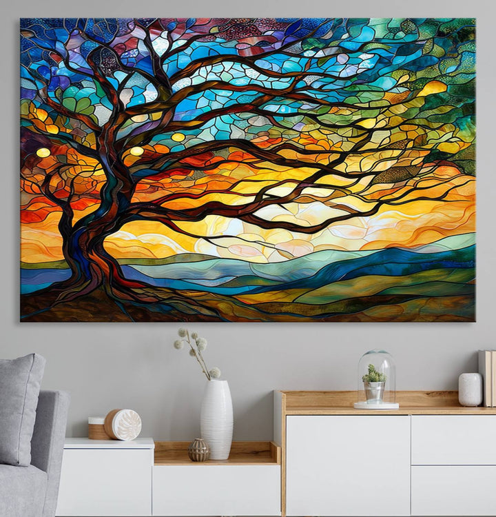 Mosaic Tree Wall Art | Ready to Hang Stained Glass Style Canvas Print | Farmhouse Wall Decor, Cabin Wall Art, and Unique Nature Home Decor