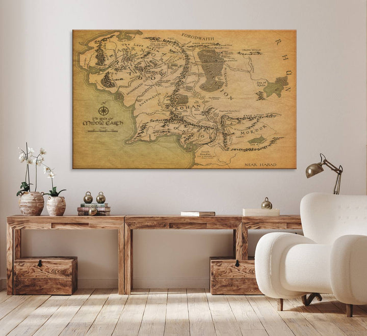 J.R.R. Tolkien's Middle-Earth World Map 3 Panel Wall Art Canvas Print | Vintage Map Wall Art for Living Room or Office | Large Framed Gallery Wrap