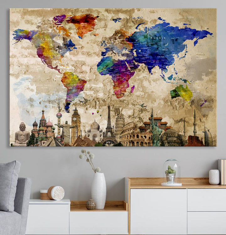 Artistic world map featuring landmarks like the Eiffel Tower, printed on premium wall art for office or living space.