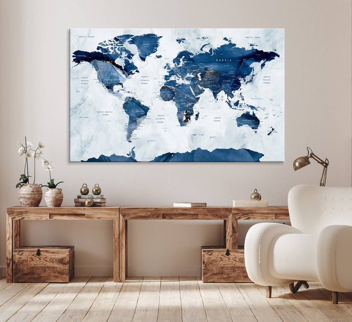 Navy Blue World Map with Antarctica Canvas: A perfect abstract home decor piece featuring a grunge-stained background.