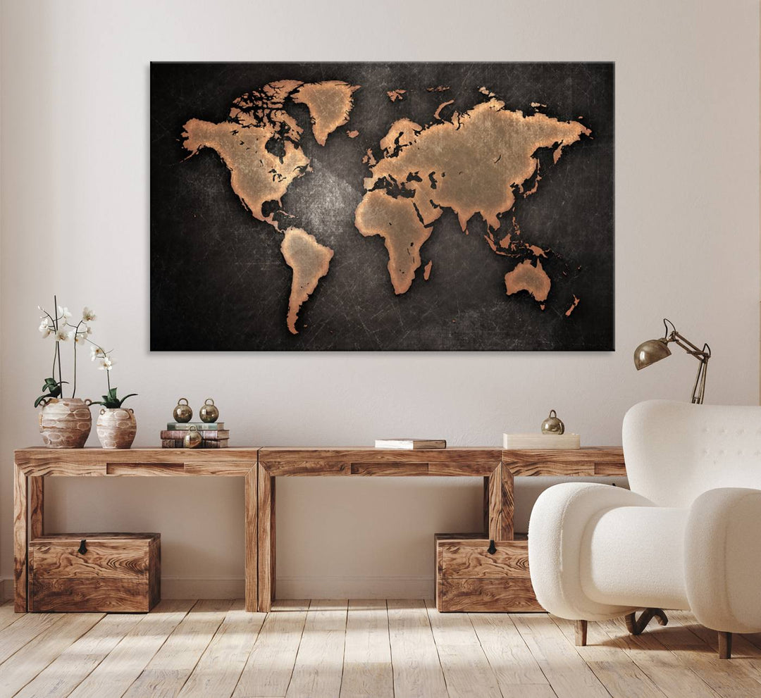 Maroon World Map Wall Art: Copper continents on a grunge-stained canvas, ideal for enhancing your decor.