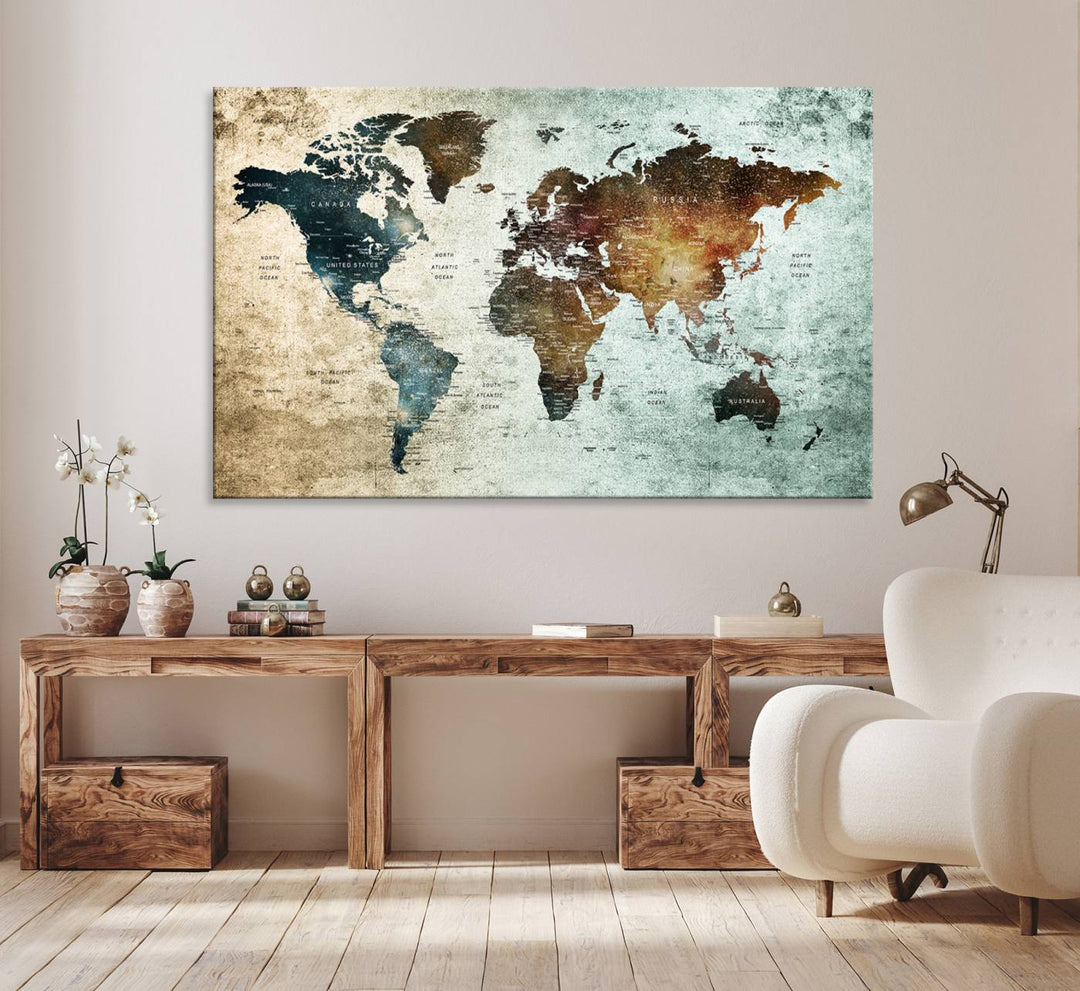 The Push Pin World Map Canvas Print serves as an ideal piece of wall art for travel lovers, showcasing vibrant colors and intricate details.