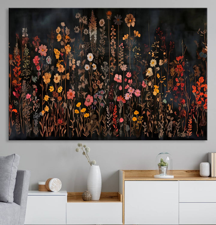 A large wildflower painting print on canvas featuring a colorful floral illustration, perfect as botanical decor for a stylish home.