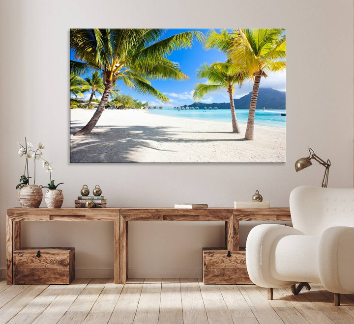 Blue Beach and Sea Wall Art Canvas Print: showcases a tropical scene with palm trees, white sand, and turquoise water.