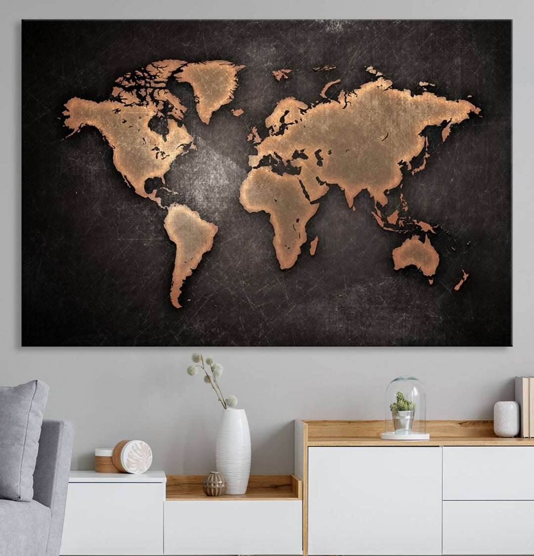 The Modern World Map on a metallic black canvas creates a striking effect.