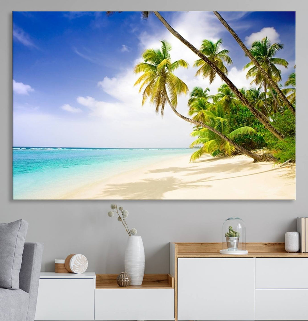 Tropical Beach Canvas: Palm Trees & White Sand Shore Decor, Vibrant Coastal Print, Ready to Hang.