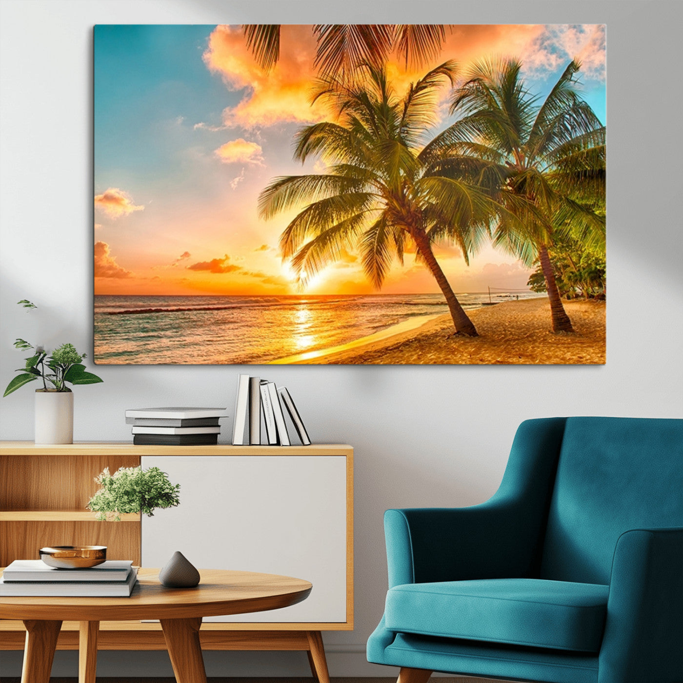 MGV-CV-36X24 - Tropical Sunset Beach Canvas Wall Art Print – Vibrant Palm Trees and Coastal Sunset Wall Decor for