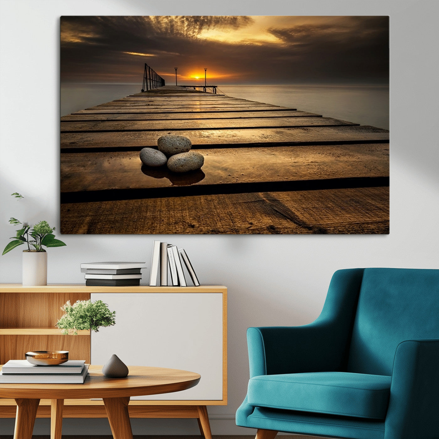 MGV-CV-36X24 - Stones on Wooden Pier at Sunset Canvas Print, Serene Coastal Wall Art, Beach Sunset Photography,