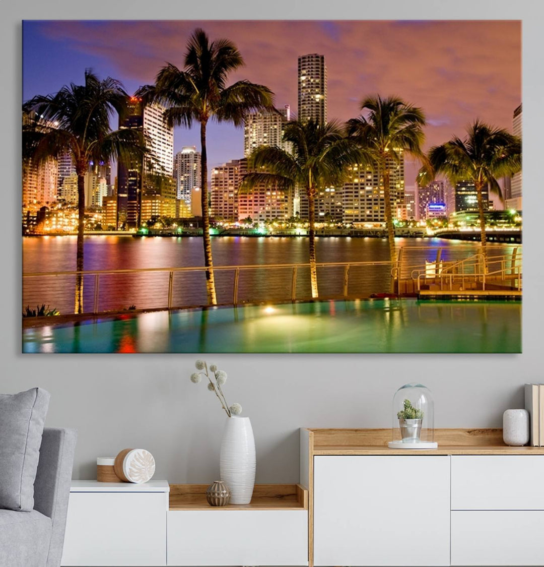 Impresión de lienzo de MIAMI de arte de pared grande - Horizonte de Miami con palmeras