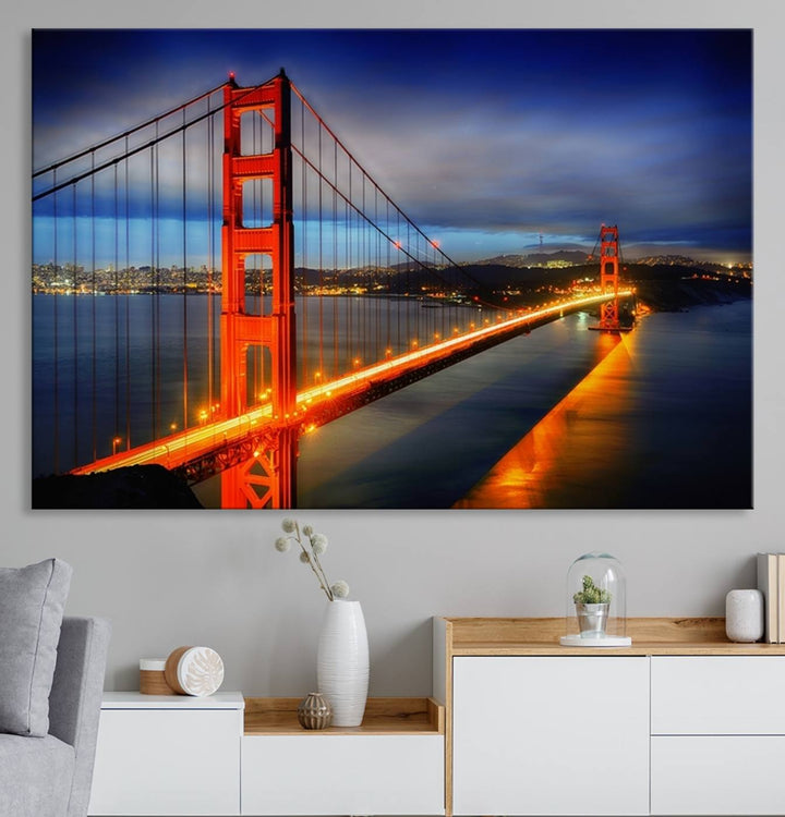 The living room features a large San Francisco canvas art piece—a stunning triptych of the Golden Gate Bridge at twilight, known as the "Large Wall Art San Francisco Canvas Print - Wonderful Golden Gate Bridge at Twilight.