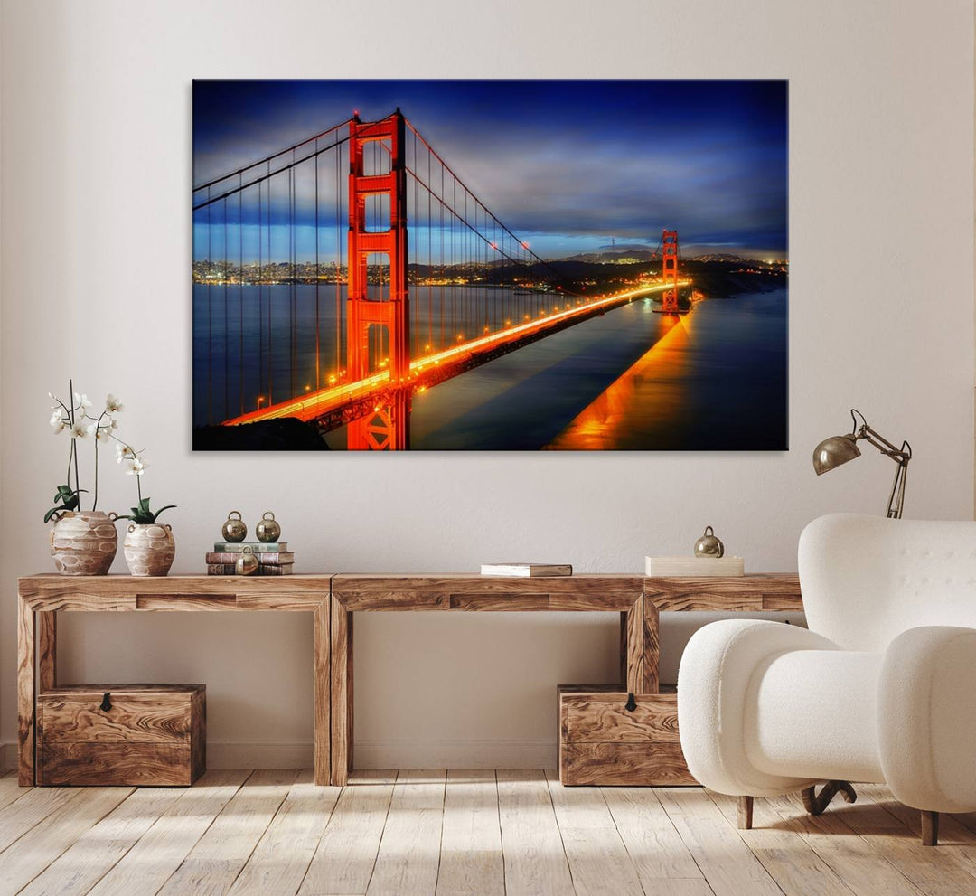 A large wall art San Francisco canvas print of the Golden Gate Bridge at twilight is displayed on a porch.