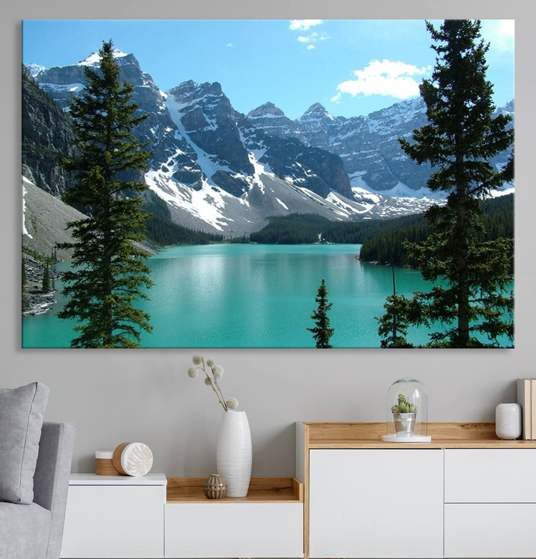 Canadian Rockies Moraine Lake Landscape Canvas Print showcasing a turquoise lake and mountain view.