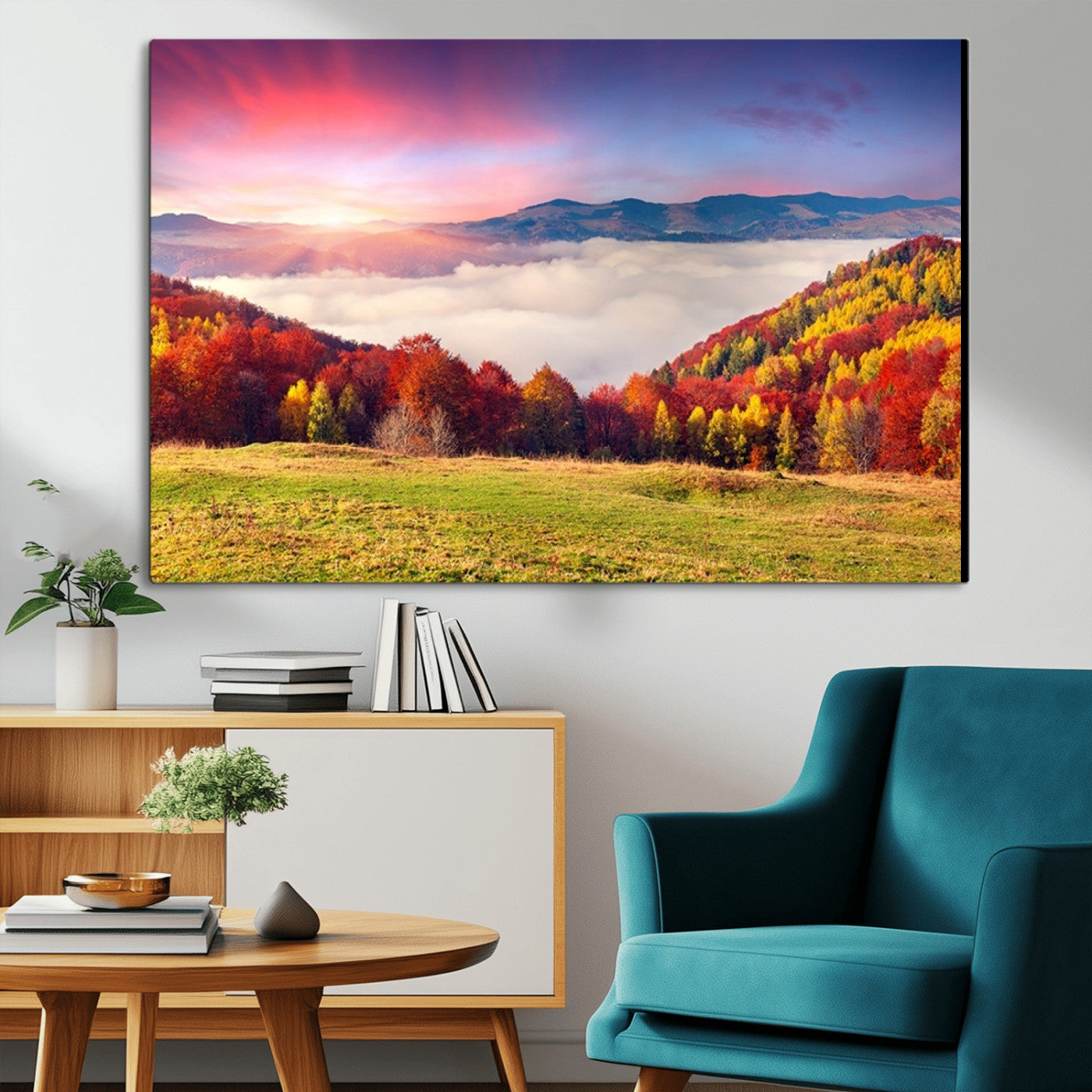MGV-CV-36X24 - Autumn Mountain Foggy Landscape Wall Art Canvas Print | Beautiful Forest Canvas Print | Misty