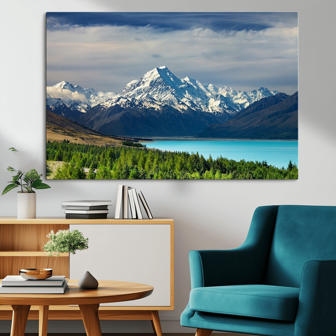 MGV-CV-36X24 - Mount Cook and Lake Pukaki Canvas Wall Art Print – Majestic Snow-Capped Peaks and Serene Lake Wall