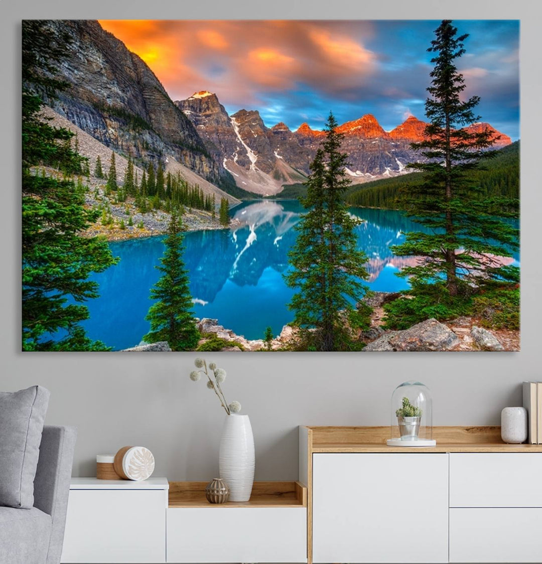 Canadian Rockies Moraine Lake Wall Art Canvas Print, Pine Trees Mountain Spring Canvas Print 