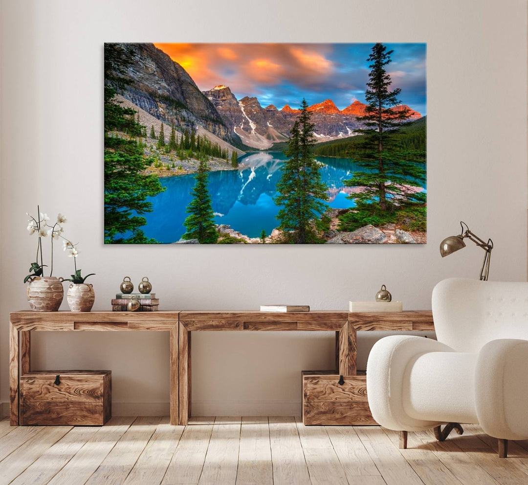 The dining room features a stunning piece of wall art depicting the Canadian Rockies Moraine Lake.