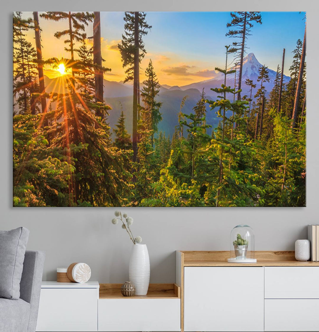 The kitchen features a Red Leaves on Trees landscape canvas print, perfect for nature lovers.