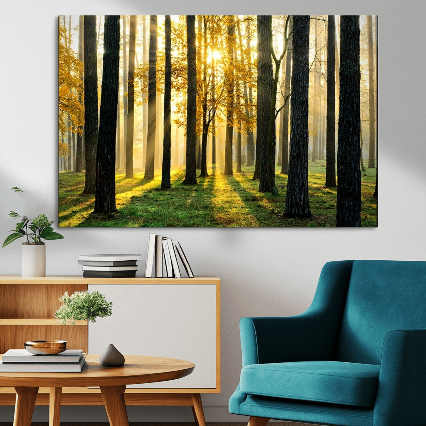 MGV-CV-36X24 - Sunlit Forest Canvas Wall Art – Serene Woodland Triptych Landscape Print – Nature-Inspired Decor for