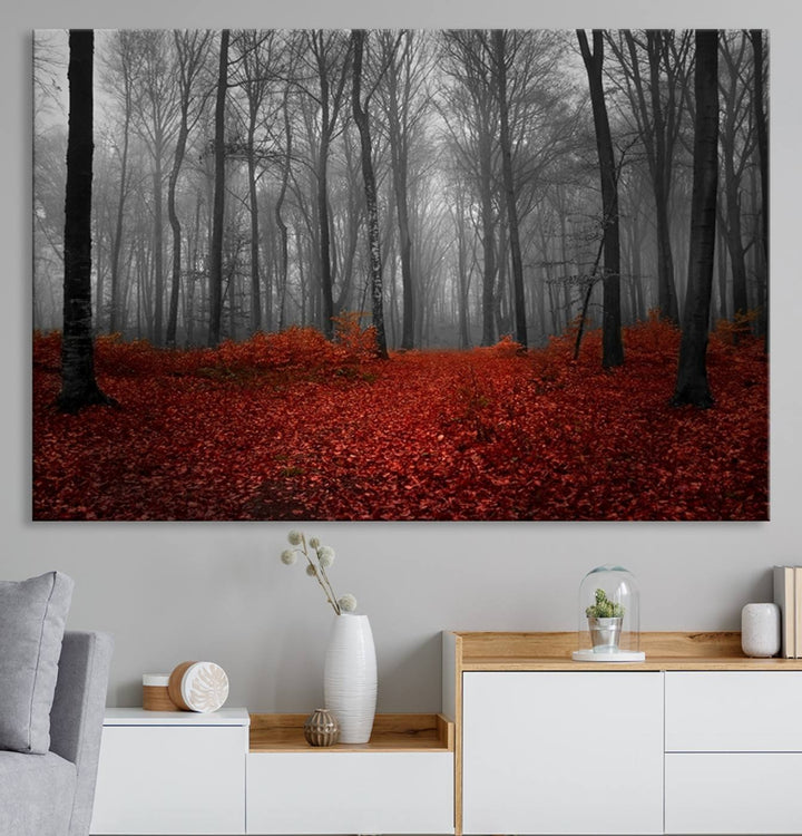 A large, museum-quality canvas print titled Wonderful Forest with Red Leaves.