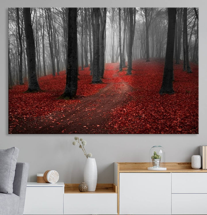 Wonderful Forest artwork: Triptych with red leaves, ideal for nature lovers.