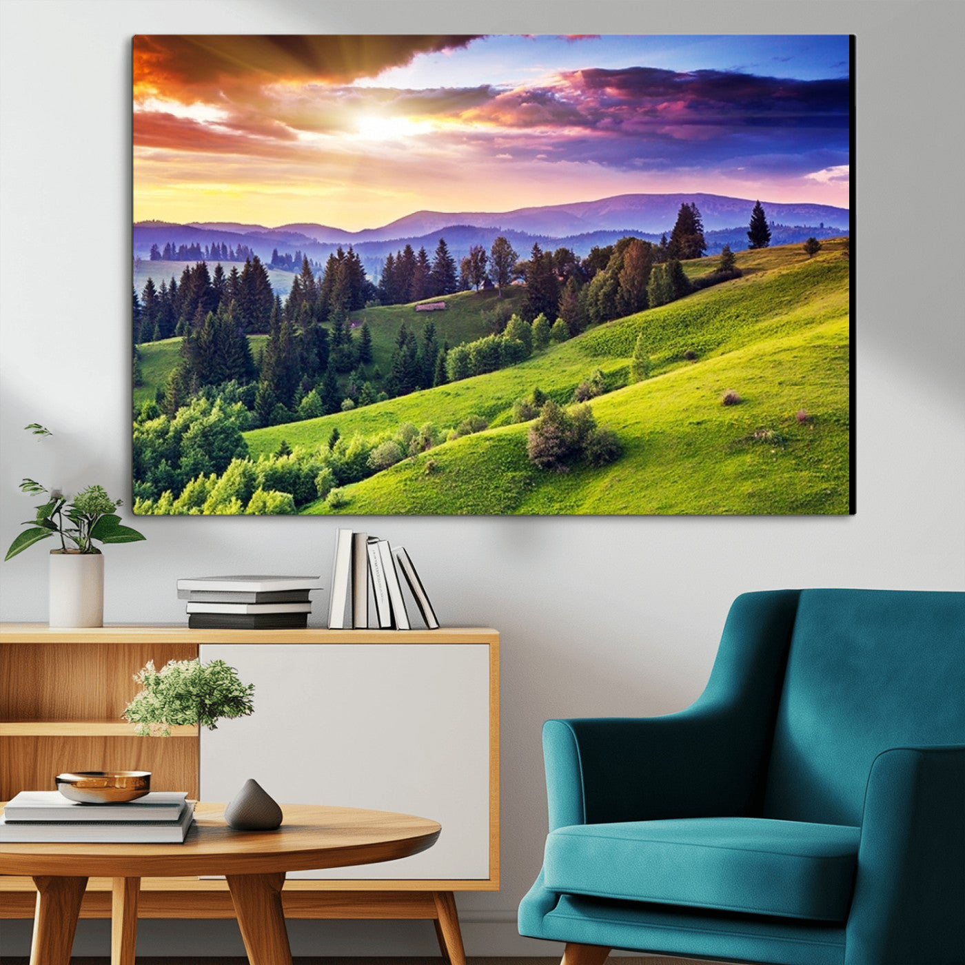 MGV-CV-36X24 - Green Hills and Sunset Wall Art Print - Scenic Landscape with Lush Greenery and Vibrant Sky, Ready