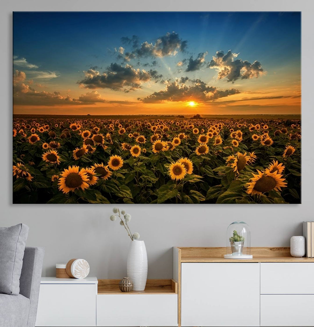 The dining area features the Sunflower Field Sunset Wall Art Canvas Print.