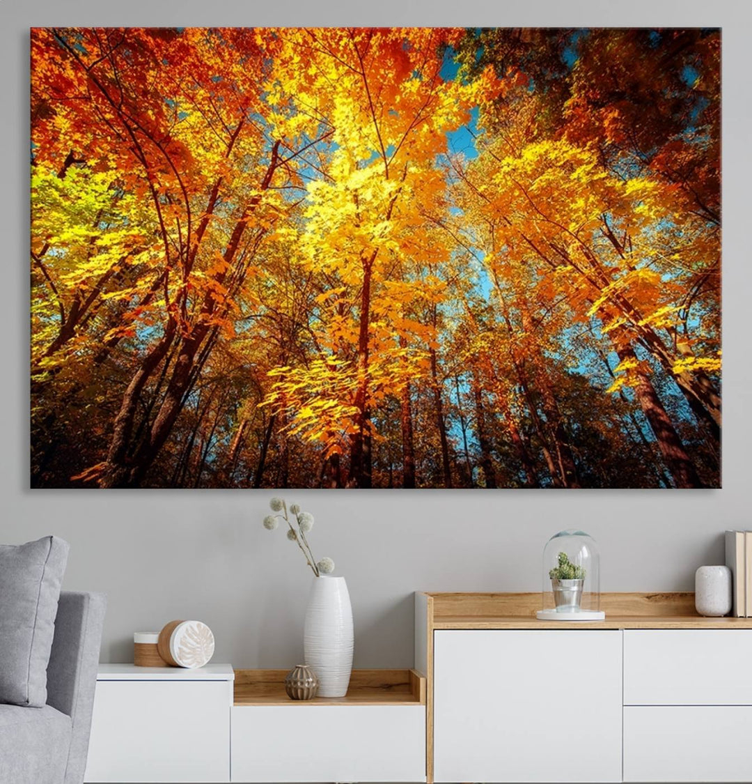 Forest View at Fall Wall Art hangs prominently, showcasing its beauty.