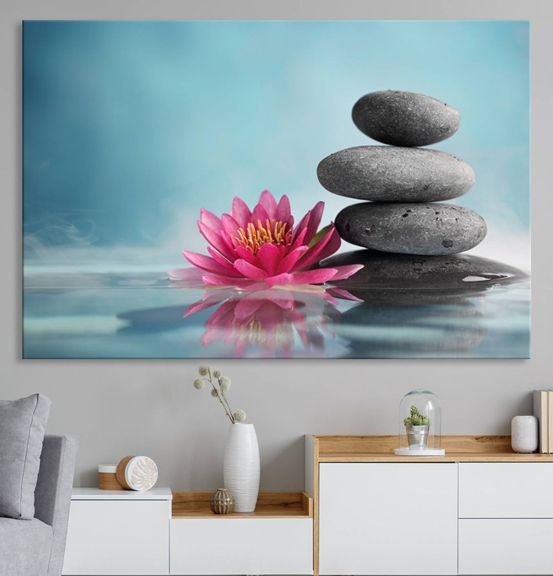 The dining room features a Zen Serenity Triptych wall art, showcasing a calming depiction of lotus flowers and balancing stones.