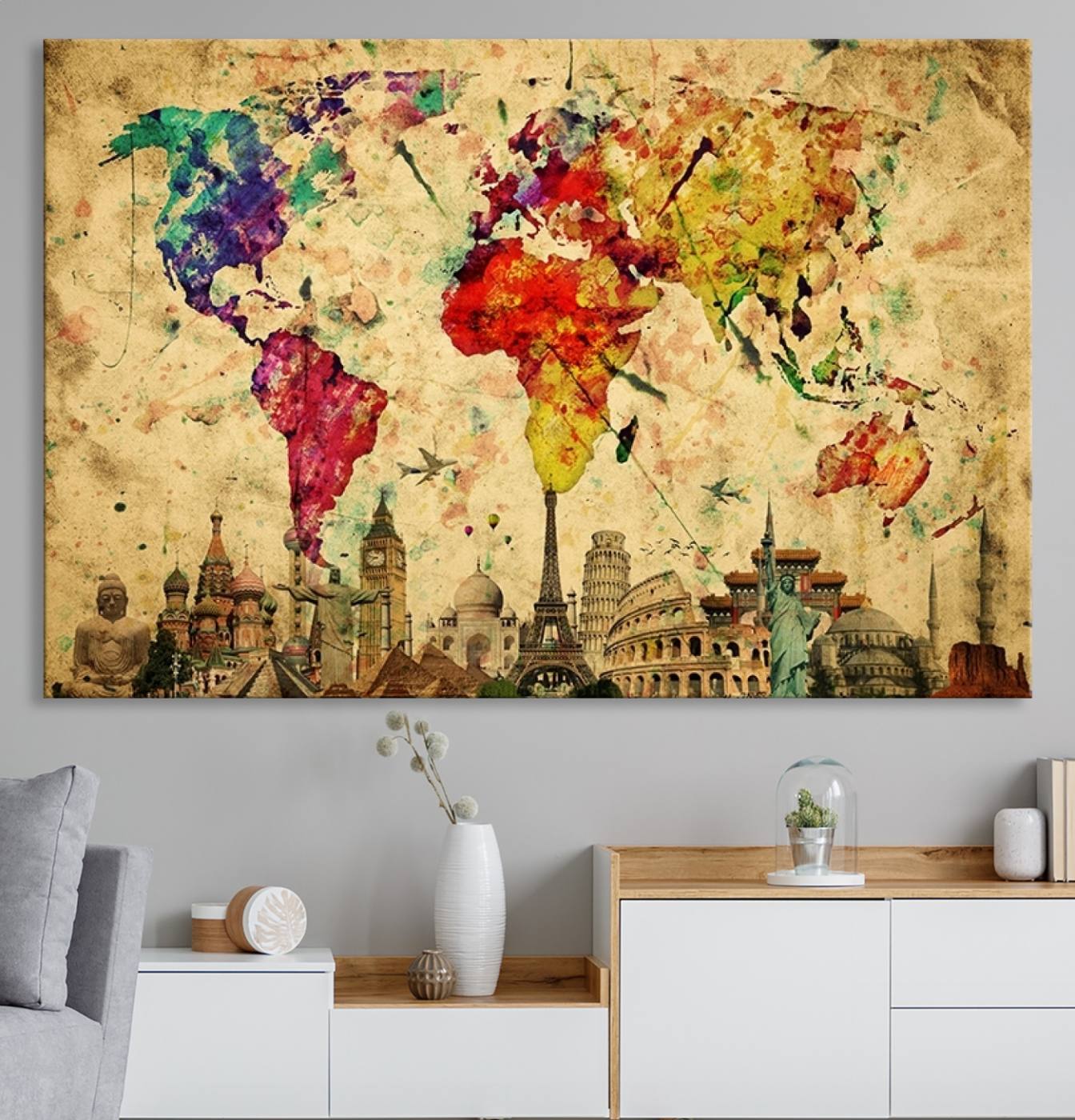 34595-MGV-CV-36X24-Push Pin World Map Canvas Print – Framed Travel Map Wall Art for Couples, Anniversary Gift, Modern Home or Office Decor