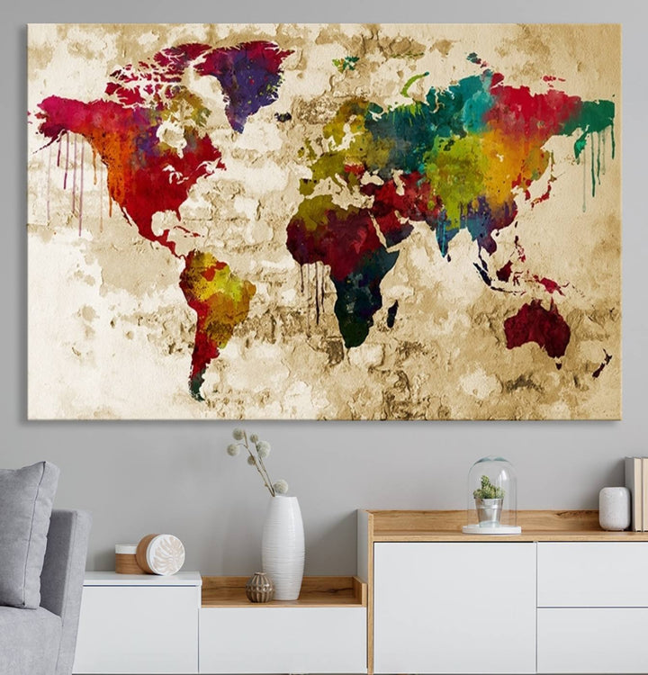 Wall Art World Map Canvas Print Rainbow Colored Vintage Style World Map