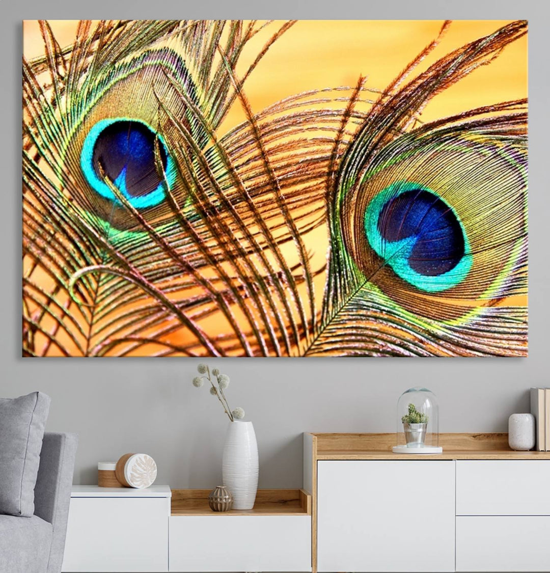 The room features vibrant peacock feather wall art.