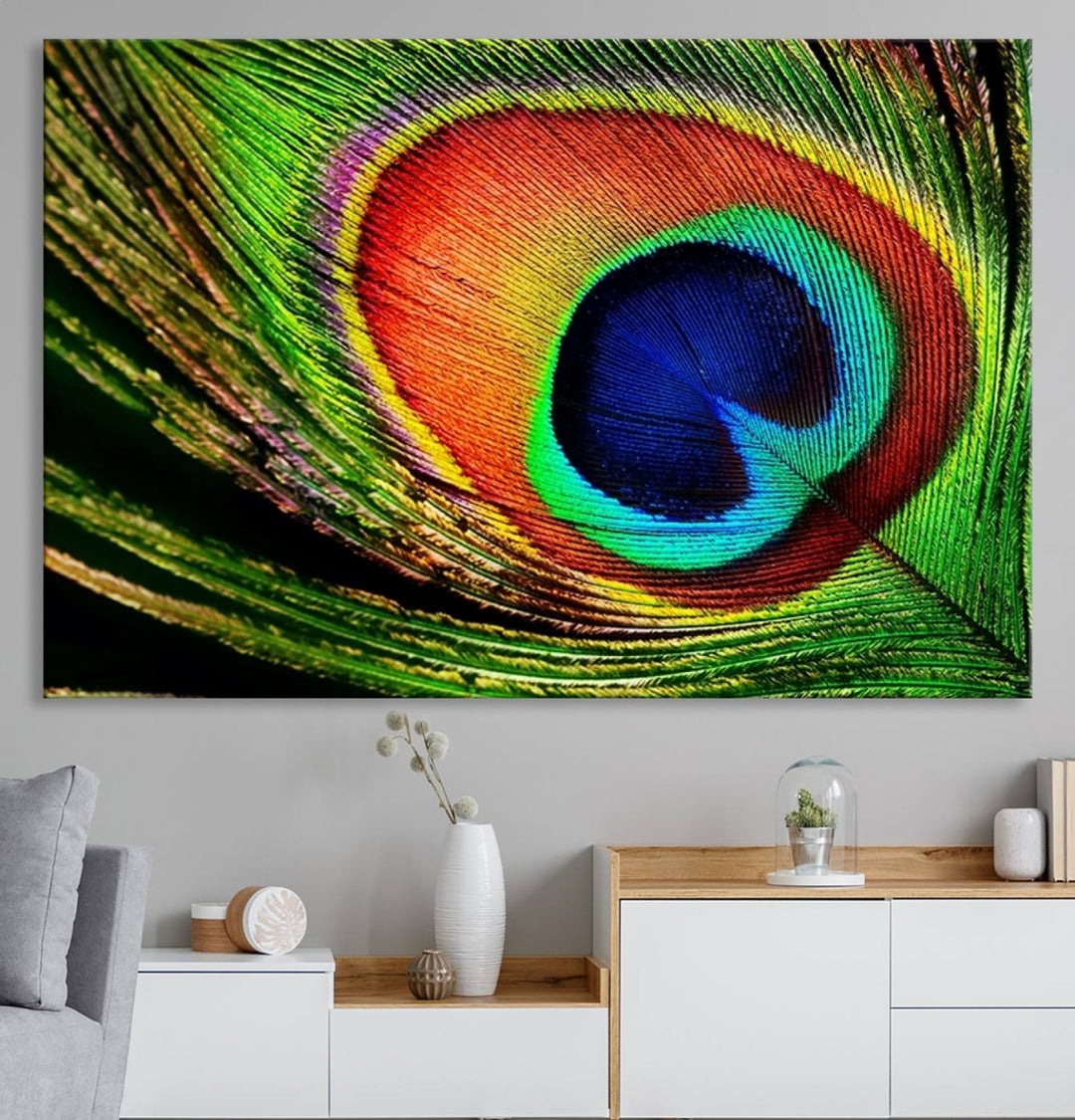 The Colorful Peacock Feather Wall Art Print graces the wall.