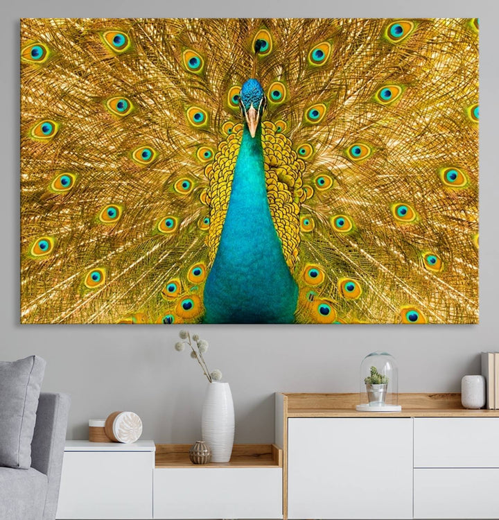 The Peacock Wall Art Canvas Print adorns a bright wall.